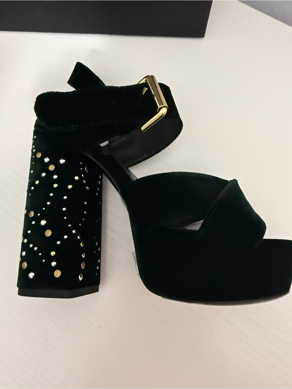 Maje New  Green Velvet Platform Sandals with Gold Buckle  , Studded Heels 6 Size